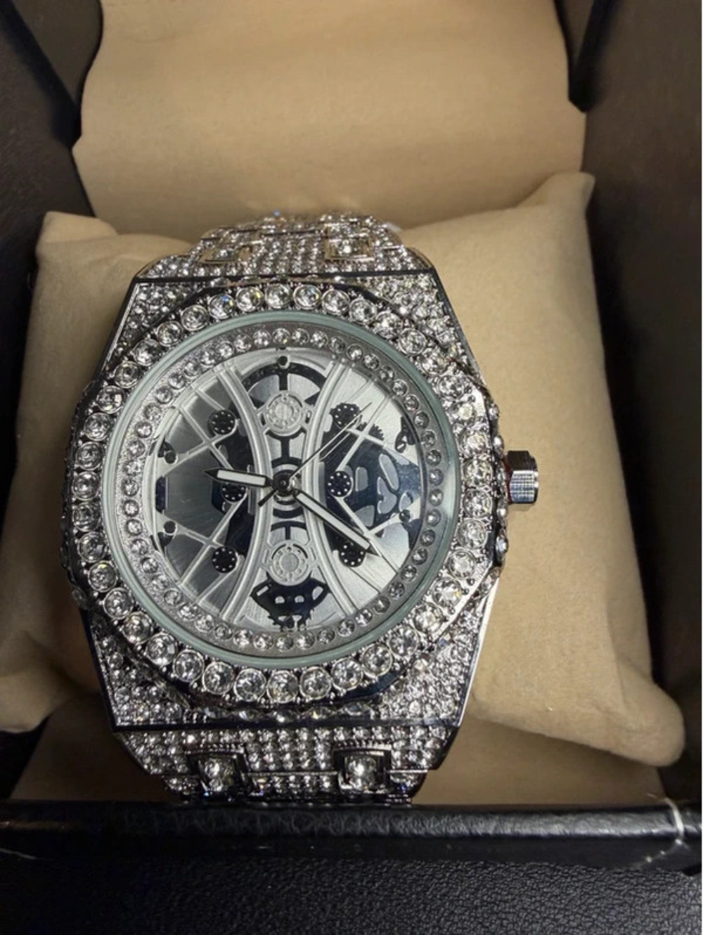 #595  55mm Iced Out Bling Chandelier Watch – Silver-Tone Skeleton-Style Dial